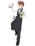  1boy apron black_apron black_bow black_bowtie black_footwear black_pants bow bowtie brown_eyes brown_hair english_commentary flower formal highres holding holding_flower lloyd_irving long_sleeves looking_back male_focus official_art pants smile solo spiked_hair tales_of_(series) tales_of_asteria tales_of_symphonia transparent_background waist_apron 