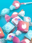  blue_background candy commentary_request copyright_request food food_focus highres lollipop no_humans signature simple_background tinder translation_request utsusemi_rari wrapped_candy 