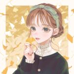  1girl autumn brown_eyes brown_hair cardigan earrings enahamaru eyelashes ginkgo_leaf green_cardigan green_hairband hair_bun hairband high_collar highres holding holding_leaf jewelry leaf light_smile long_sleeves looking_at_viewer original parted_lips shirt solo upper_body white_shirt 