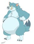  2021 absurd_res anthro belly big_belly canid canine canis canson claws fortis_(fortiswolf) fully_inside fur hand_on_stomach hi_res licking licking_lips male mammal nude oral_vore overweight overweight_anthro overweight_male solo tail thick_thighs tongue tongue_out vore wolf 