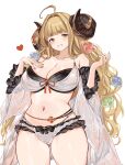  1girl absurdres ahoge anila_(granblue_fantasy) anila_(summer)_(granblue_fantasy) bikini blonde_hair breasts cleavage granblue_fantasy hair_ornament hand_in_own_hair hand_on_own_chest highres horns hoshido1214 large_breasts long_hair sheep_horns solo stomach swimsuit thighs very_long_hair white_background yellow_eyes 