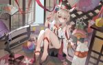  1girl absurdres ass ayanami_(azur_lane) ayanami_(pulse_of_the_new_year)_(azur_lane) azur_lane bamboo barefoot bird bracelet chick commentary_request detached_sleeves fox_mask fox_statue fur_scarf grey_hair hair_between_eyes hair_ornament hairclip headgear highres indoors japanese_clothes jewelry katana kele_mimi long_hair long_sleeves looking_at_viewer manjuu_(azur_lane) mask mask_on_head new_year official_alternate_costume orange_eyes panties pantyshot parted_lips ponytail retrofit_(azur_lane) sandals sidelocks sitting soles sword tatami toes underwear weapon wide_sleeves 