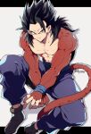  1boy abs bb_m0024 biceps black_hair blue_sash body_fur closed_mouth dragon_ball dragon_ball_heroes highres long_hair looking_at_viewer male_focus monkey_boy monkey_tail muscular muscular_male no_nipples pants pectorals red_fur saiyan sash smile solo son_gohan spiked_hair super_saiyan super_saiyan_4 tail 