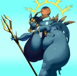  absurd_res anthro bent_over big_breasts biped blindfold breasts butt curvy_figure feathers female fin halo hanging_breasts hi_res huge_breasts huge_thighs hyper hyper_breasts hyper_thighs leaning melee_weapon moon polearm realius solo thick_thighs trident voluptuous weapon 