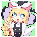  1girl black_headwear black_outline black_vest blonde_hair blue_eyes blush_stickers bow braid bright_pupils buttons commentary_request cookie_(touhou) finger_gun flat_chest green_background hat hat_bow hospital_king kirisame_marisa long_hair looking_at_viewer medium_bangs meguru_(cookie) open_mouth outline puffy_short_sleeves puffy_sleeves shirt short_sleeves single_braid solo thick_eyebrows touhou turtleneck two-tone_background unfinished_dream_of_all_living_ghost upper_body vest white_background white_bow white_pupils white_shirt witch_hat 