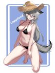  1girl absurdres animal_ears arknights bare_arms bare_legs bare_shoulders barefoot bikini black_bikini blue_eyes breasts character_name commentary_request earrings flower grey_hair grin hat hat_flower highres jewelry kneeling lappland_(arknights) long_hair looking_at_viewer medium_breasts navel one_eye_closed smile solo stomach straw_hat swimsuit tail thighs very_long_hair wolf_ears wolf_tail zzzai 