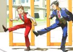  2boys :d ace_attorney antenna_hair apollo_justice black_footwear black_hair black_socks blue_jacket blue_pants blue_suit blue_vest blush bracelet brown_footwear brown_hair clenched_hands closed_eyes collared_shirt facing_another facing_viewer green_necktie grin hands_up jacket jewelry lapel_chain lapel_pin lapels leg_up long_sleeves male_focus multiple_boys necktie outdoors pants phoenix_wright pink_necktie pose_request profile red_pants red_suit red_vest rocoya1 shirt short_hair sleeves_rolled_up smile socks spiked_hair standing standing_on_one_leg suit three-piece_suit vest white_shirt 