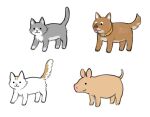  :3 animal_focus brown_fur cat commentary_request dog full_body grey_fur multiple_cats no_humans original oyari_ashito pig simple_background sketch smile tongue tongue_out two-tone_fur white_background white_fur yellow_collar 
