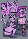  &lt;3 absurd_res anthro big_butt blush breasts butt condom_wrapper eeveelution english_text espeon exclamation_point eyes_closed featureless_breasts female forehead_gem generation_2_pokemon hi_res looking_aside looking_at_viewer lying nintendo nude on_side open_mouth pillow pokemon pokemon_(species) purple_sclera saltyxodium smile solo text white_eyes 