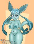  anthro big_breasts blue_body blush breasts canid canine digital_media_(artwork) eeveelution female fur generation_4_pokemon genitals glaceon hi_res looking_at_viewer mammal nintendo nipples nude pokemon pokemon_(species) pussy simple_background sin_cyan06 sin_teal smile solo 
