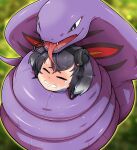  1girl absurdres arbok black_hair black_headwear bound closed_eyes constriction crossover crying fangs forked_tongue gradient_hair green_background grey_hair hat highres kantai_collection mini_hat multicolored_hair open_mouth pokemon pokemon_(creature) saliva short_hair simple_background sweat tears tokitsukaze_(kancolle) tokkyuu_mikan tongue 