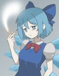  1girl bags_under_eyes black_cat03 blue_bow blue_dress blue_eyes blue_hair bow breasts cigarette cirno commentary dress frown grey_background hair_bow highres holding holding_cigarette ice ice_wings medium_breasts pale_skin puffy_short_sleeves puffy_sleeves short_sleeves smoke solo touhou upper_body wings 