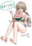  1girl absurdres bare_legs bare_shoulders barefoot blue_shorts blush bra braid breasts brown_hair chinese_commentary collarbone commentary dated eating feet food fruit full_body green_bra green_eyes green_nails hair_between_eyes hair_ornament hairclip highres honkai:_star_rail honkai_(series) legs looking_at_viewer nail_polish open_mouth qingque_(honkai:_star_rail) shorts signature simple_background sitting smile soles solo spoon strap_slip sweatdrop toenail_polish toenails toes translation_request underwear wangqi watermelon watermelon_seeds wet white_background 
