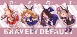  4girls ;p agnes_oblige animal_ears black_dress black_footwear blonde_hair blue_dress bow bowtie bravely_default_(series) bravely_second:_end_layer breasts brown_eyes brown_hair cleavage closed_eyes copyright_name dress edea_lee fake_animal_ears frilled_dress frills full_body gloves hairband highres holding holding_microphone irono16 long_hair looking_at_viewer magnolia_arch microphone multiple_girls music musical_note one_eye_closed open_mouth puffy_short_sleeves puffy_sleeves purin_a_la_mode purple_bow rabbit_ears red_dress red_eyes short_sleeves singing smile tongue tongue_out white_gloves 