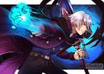  1boy belt black_scarf devil_bringer devil_may_cry_(series) devil_may_cry_4 glowing glowing_hand grey_hair gzei highres jacket looking_at_viewer nero_(devil_may_cry) official_alternate_costume outstretched_arm over_shoulder purple_jacket red_queen_(sword) scarf smile solo weapon weapon_over_shoulder 