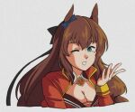  1980s_(style) 1girl animal_ears aqua_eyes black_bow blowing_kiss blue_bow blurry bow breasts brown_hair cleavage cropped_shoulders film_grain grin hair_bow hand_up hasemil horse_ears horse_girl horseshoe_print jacket long_hair long_sleeves looking_at_viewer maruzensky_(umamusume) one_eye_closed red_jacket retro_artstyle simple_background smile solo umamusume upper_body white_background 