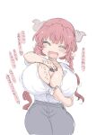 1girl :d ^_^ aida_taketo between_breasts blush breasts cleavage closed_eyes commentary_request cool-kyou_shinja dragon_girl dragon_horns grey_pants highres horns huge_breasts ilulu_(maidragon) kobayashi-san_chi_no_maidragon long_hair pants pointy_ears red_hair shirt simple_background sketch smile translation_request twintails white_background white_shirt 