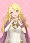  1girl argyle argyle_background armlet blonde_hair blush bracelet cape commission dress elbow_gloves fire_emblem fire_emblem:_the_binding_blade gloves heart heart_hands highres jewelry long_hair looking_at_viewer open_mouth pink_background saint_elimine_(fire_emblem) single_glove skeb_commission solo takaneko white_dress white_gloves yellow_eyes 