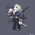  1boy arknights bara bird chain chibi chinese_commentary devotion116 grey_background highres looking_at_another mountain_(arknights) mountain_(dark_cloud)_(arknights) multiple_scars scar scar_across_eye tail tiger_boy tiger_stripes tiger_tail weibo_logo weibo_username white_fur 