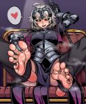  1girl :d absurdres arm_behind_head armor black_gloves black_nails black_thighhighs blush breasts brown_eyes chain commission fate/grand_order fate_(series) feet ga320aaa gauntlets gloves grey_hair heart helmet highres jeanne_d&#039;arc_alter_(avenger)_(fate) jeanne_d&#039;arc_alter_(fate) nail_polish pixiv_commission short_hair sitting smile solo spoken_heart spread_legs stirrup_legwear teeth thighhighs toeless_legwear toenail_polish toenails 