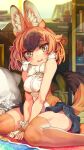  1girl absurdres animal_ears bare_shoulders between_legs black_skirt blush bow bowtie brown_hair brown_shirt brown_thighhighs dhole_(kemono_friends) dog_ears dog_girl dog_tail gloves hair_between_eyes hand_between_legs highres kemono_friends light_brown_hair looking_at_viewer melaton miniskirt multicolored_hair pleated_skirt shirt short_hair sidelocks sitting skirt sleeveless smile solo tail thighhighs two-tone_hair two-tone_shirt white_bow white_bowtie white_gloves white_hair white_shirt yellow_eyes zettai_ryouiki 