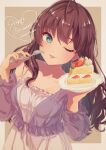  1girl :3 absurdres ahoge blue_eyes breasts brown_hair cake cake_slice collarbone commentary_request curly_hair dated dress fingernails food fork fruit happy_birthday heart highres holding holding_food holding_fork ichinose_shiki icing idolmaster idolmaster_cinderella_girls idolmaster_cinderella_girls_starlight_stage long_hair long_sleeves looking_at_viewer medium_breasts one_eye_closed parted_lips pink_nails purple_shirt rakkopower see-through see-through_shirt shirt sleeveless sleeveless_dress smile solo strawberry upper_body 