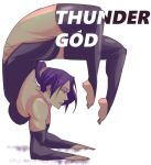  1girl ass bare_shoulders barefoot bleach breasts dynamic_pose feet_up highres jobin_chan long_hair long_sleeves purple_hair shihouin_yoruichi short_hair solo thighhighs thighs white_background 