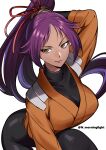 1girl absurdres asakou_(n_morninglight) black_bodysuit bleach bodysuit bodysuit_under_clothes breasts brown_eyes closed_mouth commentary_request covered_collarbone dark-skinned_female dark_skin high_ponytail highres large_breasts long_hair looking_at_viewer orange_shirt ponytail purple_hair shihouin_yoruichi shirt simple_background smile solo twitter_username very_long_hair white_background 