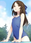  1girl blue_one-piece_swimsuit blue_sky bosshi bow brown_eyes brown_hair cloud competition_school_swimsuit covered_navel day flat_chest hair_bow highres idolmaster idolmaster_cinderella_girls idolmaster_cinderella_girls_u149 lens_flare long_hair looking_at_viewer one-piece_swimsuit outdoors school_swimsuit sky solo swimsuit tachibana_arisu tree 