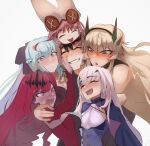 1boy 5girls aiguillette baobhan_sith_(fate) baobhan_sith_(first_ascension)_(fate) bare_shoulders barghest_(fate) barghest_(second_ascension)_(fate) black_bow black_dress black_hair blonde_hair blue_cape blue_dress blue_eyes blush bow braid breasts button_eyes buttons cape center_frills cleavage closed_eyes detached_sleeves dress fate/grand_order fate_(series) forked_eyebrows french_braid frills fujimaru_ritsuka_(male) green_eyes grey_eyes grey_hair grin habetrot_(fate) hair_bow hat heterochromia highres horns hug jacket large_breasts long_hair long_sleeves looking_at_viewer melusine_(fate) melusine_(second_ascension)_(fate) morgan_le_fay_(fate) multiple_girls obazzotto open_mouth pink_hair pink_headwear pink_jacket pointy_ears ponytail red_dress red_eyes short_hair sidelocks small_breasts smile tiara very_long_hair white_hair 
