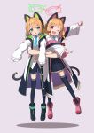  2girls animal_ear_headphones animal_ears blonde_hair blue_archive blue_necktie blue_shorts blue_skirt blue_thighhighs bow carrying carrying_person cat_ear_headphones cat_tail chestnut_mouth collared_shirt commentary dangling disembodied_limb fake_animal_ears green_bow hair_bow halo headphones highres jacket looking_at_viewer mechanical_tail midori_(blue_archive) mogurii momoi_(blue_archive) multiple_girls necktie off_shoulder one_eye_closed open_mouth pink_bow pleated_skirt shirt short_hair short_necktie shorts siblings simple_background sisters skirt sleeves_past_wrists smile tail thighhighs twins white_jacket white_shirt 
