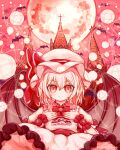  1girl absurdres artist_name bat_(animal) bat_wings bow bowtie closed_mouth commentary_request dated full_moon hat hat_ribbon highres looking_at_viewer mob_cap moon outdoors red_bow red_bowtie red_eyes red_ribbon remilia_scarlet ribbon ro.ro scarlet_devil_mansion short_hair spell_card touhou upper_body white_hair white_headwear wings wrist_cuffs 