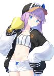  1girl baseball_cap blue_bow blue_eyes blush bow breasts coffeekite fate/grand_order fate_(series) hat highres long_hair looking_at_viewer meltryllis_(fate) meltryllis_(swimsuit_lancer)_(fate) midriff navel purple_hair small_breasts solo very_long_hair 