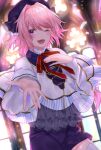 1boy :d astolfo_(angel_breath)_(fate) astolfo_(fate) azaka_(rionrita) backlighting beckoning beret blue_headwear blue_shorts blush bow bowtie cloak commentary_request fang fate/grand_order fate_(series) fingernails frilled_shirt_collar frills grey_shirt hair_between_eyes hair_intakes hands_on_own_chest hat highres indoors long_braid long_hair male_focus official_alternate_costume one_eye_closed open_mouth otoko_no_ko pink_hair purple_eyes reaching reaching_towards_viewer red_bow red_bowtie shirt shorts skin_fang smile thighhighs white_cloak white_thighhighs 