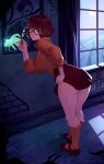  1girl ass black-framed_eyewear breasts brown_eyes brown_hair clothes_lift glasses highres large_breasts lifted_by_self looking_at_viewer magnifying_glass orange_socks orange_sweater scooby-doo short_hair skirt skirt_lift socks solo squeezable_(artist) sweater thighs turtleneck turtleneck_sweater velma_dace_dinkley 