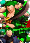  1boy character_doll dated foreshortening green_hair green_theme happy_birthday highres holding holding_sword holding_weapon male_focus marimo marimo_zoro mlh7q multiple_views one_piece personification plantification roronoa_zoro scar scar_across_eye serious short_hair sword weapon weapon_in_mouth 