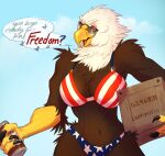  4th_of_july accipitrid accipitriform american_eagle american_flag_bikini anthro avian bald_eagle beak beverage_can bird box breasts brown_body brown_feathers claws container dialogue eagle eyewear feathers female hi_res mabyn non-mammal_breasts scuted_arms scutes sea_eagle solo speech_bubble stars_and_stripes sunglasses united_states_of_america 