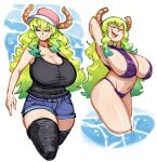  1girl bikini black_camisole black_thighhighs blue_shorts breasts bucket_hat camisole cleavage collarbone colored_tips english_commentary green_hair hat highres horns kobayashi-san_chi_no_maidragon large_breasts long_hair lucoa_(maidragon) multicolored_hair multiple_views navel open_mouth pink_headwear purple_bikini ratf shorts sidelocks smile swimsuit thighhighs very_long_hair water 