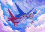  above_clouds cloud commentary day eye_contact flower_wreath kanzen_kabeuchi latias latios looking_at_another no_humans open_mouth outdoors pokemon pokemon_(creature) signature smile symbol-only_commentary watermark yellow_eyes 