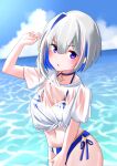  1girl :&lt; a_(user_zgch5357) absurdres amane_kanata arm_up asymmetrical_hair bangs bikini blue_bikini blue_choker blue_hair blue_sky blush breasts choker cloud colored_inner_hair commentary covering covering_crotch cowboy_shot curled_fingers dutch_angle grey_hair hair_over_one_eye highres hololive horizon looking_at_viewer medium_breasts midriff multicolored_hair navel ocean open_mouth outdoors parted_lips pink_hair purple_eyes see-through see-through_shirt shirt short_hair short_sleeves sky solo standing streaked_hair striped striped_bikini swimsuit t-shirt tied_shirt v-shaped_eyebrows vertical_stripes virtual_youtuber wading water wet wet_clothes wet_shirt white_shirt 