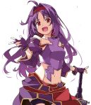  1girl armor covered_navel cowboy_shot detached_sleeves english_text fingerless_gloves fingernails gloves groin hair_intakes hairband happy_birthday highres light_blush long_fingernails long_hair looking_at_another mixed-language_commentary planted purple_gloves purple_hair red_eyes red_hairband shikei smile solo sword sword_art_online thigh_strap v weapon white_background yuuki_(sao) 