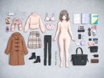  1girl bag black_footwear blue_eyes blush boots bottle bra breasts brown_coat brown_hair cellphone clothes_removed coat completely_nude earphones earrings egg_vibrator food full_body handbag high_heel_boots high_heels highres jewelry marrontorisu mask mask_removed medium_breasts mole mole_under_mouth necklace nipples notebook nude original panties pantyhose phone pink_panties scarf sex_toy short_hair smartphone sweater underwear vibrator white_mask 