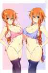  2girls asymmetrical_docking bare_shoulders braid braided_ponytail breast_press breasts cleavage closed_mouth collarbone commentary crop_top date_a_live english_commentary gradient_background hair_between_eyes hair_ribbon hand_on_own_chest hand_on_own_hip hand_up high-waist_panties highres large_breasts light_smile lindaroze long_hair looking_at_viewer multiple_girls no_pants orange_hair paid_reward_available pink_background purple_background purple_thighhighs ribbon ringlets siblings sisters skindentation thighhighs thighs twins twitter_username underboob very_long_hair watermark web_address yamai_kaguya yamai_yuzuru 