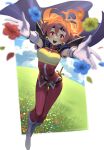  1girl :d armor belt blurry blurry_foreground boots cape commission depth_of_field earrings flower gloves grasslands headband highres jewelry lina_inverse looking_at_viewer orange_hair pants red_eyes shoulder_armor slayers smile solo teeth tostantan upper_teeth_only white_gloves 