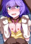  1girl @_@ animal_ears bernadetta_von_varley bernadetta_von_varley_(spring) blush breasts brown_pantyhose commentary_request fake_animal_ears fire_emblem fire_emblem:_three_houses fire_emblem_heroes gloves grey_eyes long_sleeves medium_hair nipples official_alternate_costume open_mouth pantyhose purple_eyes purple_hair rabbit_ears short_hair small_breasts solo sutee_(ripobita) wavy_mouth white_gloves 