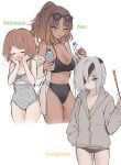  3girls absurdres bandage_over_one_eye bandages bikini blue_eyes blush bottle brown_hair character_name commentary dark-skinned_female dark_skin dongbaek_(limbus_company) eyewear_on_head grey_hair grey_hoodie hair_ornament hairclip high_ponytail highres hood hoodie limbus_company migishita multiple_girls ponytail project_moon ran_(limbus_company) short_hair shrenne_(limbus_company) sunglasses swimsuit water_bottle yellow_eyes yuri zipper 