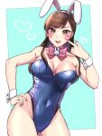  1girl adapted_costume animal_ears aqua_background bare_legs bare_shoulders blue_leotard blush bow bowtie breasts brown_eyes brown_hair cleavage covered_navel cowboy_shot d.va_(overwatch) detached_collar facepaint facial_mark fake_animal_ears hand_on_own_hip highres leotard long_hair looking_at_viewer medium_breasts nail_polish overwatch pink_nails playboy_bunny rabbit_ears smile solo strapless strapless_leotard whisker_markings white_background wrist_cuffs xxkjtanxx 