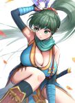  1girl alternate_costume breasts cleavage commentary_request fire_emblem fire_emblem:_the_blazing_blade fire_emblem_heroes gonzarez green_eyes green_hair high_ponytail highres large_breasts long_hair lyn_(fire_emblem) lyn_(ninja)_(fire_emblem) ninja official_alternate_costume on_one_knee ponytail shuriken simple_background solo weapon white_background 