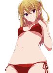  1girl alternate_costume bikini blonde_hair blush breasts commentary_request cowboy_shot disgust halterneck highres hoshino_ruby kusana_(kusana47454281) long_hair looking_at_viewer looking_down medium_breasts mismatched_pupils navel one_side_up oshi_no_ko parted_lips red_bikini red_eyes side-tie_bikini_bottom sideboob simple_background solo star-shaped_pupils star_(symbol) stomach string_bikini swimsuit symbol-shaped_pupils underboob white_background 