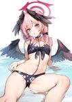  1girl bikini black_bikini black_bow black_wings blue_archive blush bow cameltoe collarbone covered_nipples feathered_wings floral_print front-tie_bikini_top front-tie_top hair_bow hair_over_shoulder halo head_wings highres koharu_(blue_archive) koharu_(swimsuit)_(blue_archive) long_hair looking_at_viewer low_twintails low_wings navel official_alternate_costume open_mouth pink_eyes pink_hair pink_halo print_bikini simple_background skindentation solo swimsuit twintails water wet white_background wings yukishiro_arte 
